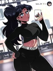 black_hair blacked edit exposed_midriff glasses ponytail queen_of_spades raceplay reiko_(tinafate) sportswear tinafate1