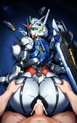 1girls ai_generated anus ass_focus ass_view asshole back_view being_held breasts cumming_inside female from_behind grabbing_ass gundam gundam_aerial gundam_suisei_no_majo hand_on_butt humanoid looking_at_viewer mecha mobile_suit robot robot_girl thick_ass thick_thighs tight_ass