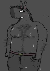 anthro arm_hair barazoku barely_visible_genitalia barely_visible_penis belly belt belt_buckle big_pecs bodily_fluids body_hair buckle bulge chest_hair clothing detailed_bulge downtown_skybox_(hrt) equid equine genital_fluids genital_outline genitals hand_in_pocket happy_trail horse leaking_precum male mammal momo_thewitchcat musclegut muscular navel nipples pecs pecs_focus peeking_penis penis pixiefentanyl pockets precum precum_through_clothing shirtless shirtless_male side_view slightly_chubby smile smirk solo stubble sweat sweaty_body sweaty_pecs wet wet_clothing