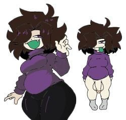 1futa 1futanari black_pants brown_hair chubby chubby_futanari commission commission_art commissioner_upload green_mouth green_tongue grey_socks hung_futanari hyperingaway juniper_(juneatnight) purple_eyes purple_sweater quitehyper thick_thighs trans_woman_(lore) white_background