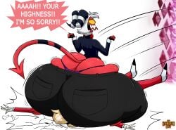 1boy 1girls ass ass_bigger_than_head ass_bigger_than_torso ass_cleavage ass_smothering big_ass blonde_hair bottom_heavy bubble_butt butt_crack charlie_morningstar_(hazbin_hotel) clothing cracked_ground dat_ass demon demon_girl dialogue facesitting fat_ass female femboy hazbin_hotel helluva_boss horns huge_ass imp large_ass male massive_ass moxxie_(helluva_boss) panties pants portal rampageguy red_skin sitting sitting_on_face sitting_on_person smothering smothering_ass tail text thick_ass thick_thighs thong thunder_thighs white_hair white_skin wide_hips