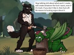 2boys anthro argument axe beheading fuck_off furry furry_ears furry_male furry_only furry_tail fyodor_acorn male male_only text text_bubble violence