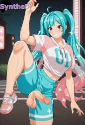 1futa ahoge ai_generated aqua_eyes aqua_hair artist_name artist_signature balls breasts erection futa_sans_pussy futanari grin hatsune_miku hi_res high_resolution highres hood hoodie intersex large_penis long_hair midriff multicolored_hair navel outdoors patreon penis shoes shorts smile solo standing synthed testicles twintails uncensored vocaloid