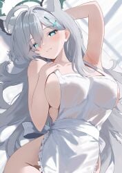 absurdres abydos_high_school_student animal_ear_fluff animal_ears blue_archive broken_halo cross cross_hair_ornament dark_halo extra_ears female foreclosure_task_force_(blue_archive) grey_hair hair_ornament halo highres inverted_cross mismatched_pupils natsuki_(natsu_1936) shiroko_(blue_archive) shiroko_(terror)_(blue_archive) solo upper_body wolf_ears wolf_girl