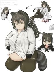 animal_ears arknights chubby chubby_female fat fat_female fat_fetish obese obese_female overweight overweight_female pantyhose polka_dot ponytail raccoon_girl raccoon_tail robin_(arknights) sequence shirt_pull wardrobe_malfunction weight_gain weight_gain_female
