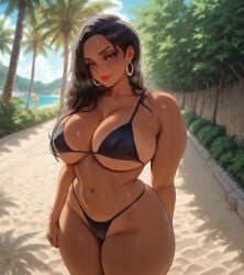 1girls ai_generated beach belly_button bikini black_hair breasts curvaceous curvy curvy_female curvy_figure dark-skinned_female hoop_earrings large_ass large_breasts long_hair navel nipple_bulge nipples_visible_through_clothing original original_character original_characters outdoors solo solo_female solo_focus voluptuous voluptuous_female