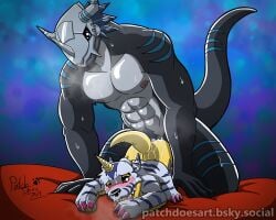 5:4 abs anal animal_skin anthro armor ass bandai_namco blush bodily_fluids cum cum_in_ass cum_inside cum_on_butt digimon digimon_(species) doggy_style duo from_behind_position fur gabumon genital_fluids headgear helmet hi_res horn looking_pleasured male male/male male_penetrated male_penetrating male_penetrating_male muscular muscular_anthro muscular_male nipples patchdoesart pecs penetration sex size_difference striped_body striped_fur stripes wargreatmon wargreymon