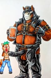 2024 alcohol anthro arm_hair armband ass balls beer beer_mug belt beverage biceps black_hair black_nipples black_penis blush body_hair bottomwear brown_hair canid canine chest_hair clothed clothing denim denim_bottomwear denim_clothing duo equid equine erection femboy fingerless_gloves fishnet_clothing fishnet_topwear forearm_hair forearms foxfurries genitals gloves grin hair hair_over_eyes hairy hand_on_cheek handwear harness hat hat_over_eyes headgear headwear hi_res horse jeans leather leather_chaps leather_clothing leather_daddy leather_harness leather_hat leather_headgear leather_headwear leather_topwear leather_vest male male/male mammal manly mature_male medial_ring musclegut muscular navel nipples open_bottomwear open_clothing open_pants open_topwear open_vest pants pecs penis pubes simple_background slightly_chubby smile standing stare topwear vein veiny_penis vest white_background wide_eyed