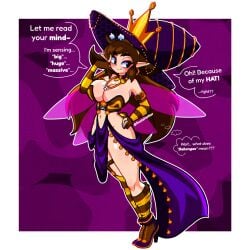 bee bee_girl big_breasts brown_hair susiehatter talking_to_viewer voluptuous_female witch_hat