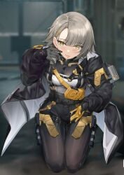 463_jun absurdres ammunition_pouch belt black_gloves blush breasts cum cum_in_mouth cum_on_body cum_on_hands female girls'_frontline girls'_frontline_2:_exilium gloves grey_hair highres jacket kneeling long_hair looking_at_viewer medium_breasts panties pouch skindentation solo thigh_gap thigh_pouch thigh_strap tongue tongue_out underwear vector_(girls'_frontline) yellow_eyes