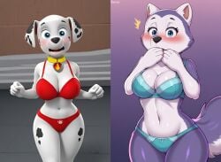 2d 2girls 3d ai_generated anthro anthrofied arms_out big_breasts black_nose black_spots blue_eyes blush bra breasts civitai curvy curvy_body curvy_female curvy_figure dalmatian ears everest_(paw_patrol) eyelashes female furry genderswap genderswap_(mtf) hands_on_mouth husky marshall_(paw_patrol) open_mouth panties paw_patrol purple_body purple_fur rule_63 shocked_expression tail thick_thighs two_tone_body two_tone_fur white_body white_fur wide_hips