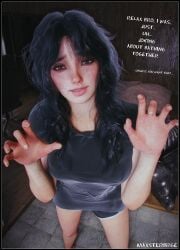 3d 3d_(artwork) barefoot black_eyes dark_hair dirty female female_focus female_only gamer_girl hair hair_on_shoulders large_hair looking_at_viewer maxsterbrge neet shorts shy smelly surprised text tomboy trash_bag