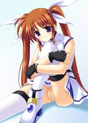 1girls brown_hair cameltoe female gloves lyrical_nanoha mahou_shoujo_lyrical_nanoha_strikers photoshop_(medium) purple_eyes rakkyo solo striped takamachi_nanoha thighhighs twintails underwear