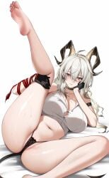 absurdres arm_strap ateoyh bare_shoulders barefoot black_choker black_gloves black_horns black_panties black_tail blush breasts breath bright_pupils button_gap choker closed_mouth collarbone commentary curled_horns demon_tail earrings female gloves hair_between_eyes highres holding_own_leg horns jewelry key_earrings large_breasts leg_up long_hair looking_at_viewer lying mole mole_on_breast navel necktie necktie_around_wrists no_pants on_back paid_reward_available panties pussy pussy_peek red_eyes red_necktie shirt simple_background solo spread_legs stomach sweat tail thighs torn_clothes torn_shirt underwear white_background white_pupils white_shirt wuthering_waves zani_(wuthering_waves)