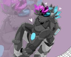 anthro armor blue_eyes blue_hair boolfy canid duo genitals grey_armor grey_body hair horn lunar_abyss machine magenta_fur male male/male mammal penetration penis protogen purple_eyes scalie