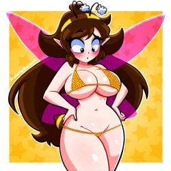 bee bee_girl big_breasts bikini bikini_top brown_hair looking_down surprised_expression susiehatter voluptuous_female