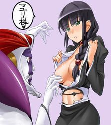 1boy 1girls black_hair bleach braid chikugen_shiina choker female green_eyes kurotsuchi_mayuri kurotsuchi_nemu male mayuri_kurotsuchi single_braid tagme torn_clothes undressing