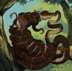 anthro anus canid canine canis coiling domestic_dog german_shepherd group haps head_first herding_dog hi_res kaa_(jungle_book) lucas_(lucastheshep) male mammal neck_bulge oral_vore pastoral_dog reptile scalie snake swallowing the_jungle_book trio vore