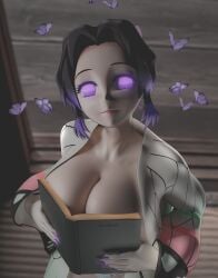 1girls 3d 3d_(artwork) anime big_breasts book breasts demon_slayer female girl huge_breasts jinushi_san kimetsu_no_yaiba kochou_shinobu meme ouch_meme purple_eyes