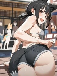 :d ai_generated ass ass_focus black_hair black_shorts brown_eyes dipstick_tail female female fox_ears fox_girl fox_tail from_behind gluteal_fold grey_bikini_top looking_back low_ponytail medium_breasts natural_breasts ponytail pussy_bulge short_hair short_ponytail short_shorts solo tight_shorts underbutt zorkpics