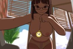 animated animated breasts brown_hair elf_ears female_only femdom glasses large_breasts looking_at_viewer original panties pantyhose pendulum pocket_watch pov pov_sub sleepymaid topless underwear