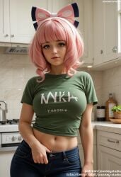 ai_generated bangs blush breasts cum female game_freak genital_fluids hair_ornament hairband hairbow headwear jewelry jousneystudio klara_(pokemon) navel pink_hair pokemon pokemon_ss purple_eyes solo white_hairband