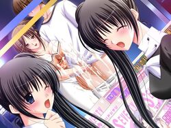 1boy 3girls akizuki_sara atelier_kaguya atelier_kaguya_berkshire_yorkshire black_hair blush brown_eyes brown_hair censored choco_chip cleavage closed_eyes clothed_female covered_nipples cum cum_on_window dutch_angle ejaculation exhibitionism game_cg handjob kateikyoushi_no_onee-san long_hair multiple_girls one_eye_closed open_mouth pants pants_down penis ponytail public_indecency short_hair smile white_pants white_shirt