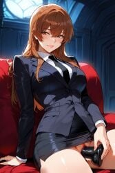 1girls ai_generated black_dildo black_necktie black_suit brown_hair death_note dildo_insertion female genderswap_(mtf) light_yagami long_sleeves looking_at_viewer looking_to_the_side pencil_skirt rule_63 sitting sitting_on_couch