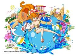 big_breasts colorful feline flower green_eyes kai_(battle_cats) navel orange_hair ribbon seaside swimsuit the_battle_cats thighs water