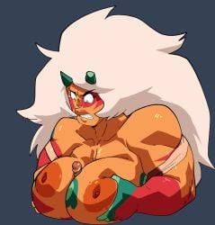 1boy 1girls areolae between_breasts bodypaint breast_press breasts breasts_squeezed_together cartoon_network clenched_teeth clothing colored_skin dark-skinned_female dark_areolae dark_nipples dark_skin disembodied_penis facepaint female gem_(species) gloves horns huge_breasts huge_nipples inkershike inverted_nipples jasper_(steven_universe) large_breasts large_penis lips long_hair male muscular nipples nude orange_skin paizuri penis peridot_(steven_universe) red_skin solo_focus steven_universe straight teeth testicles uncensored white_hair yellow_eyes