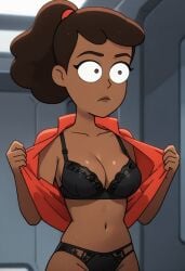 ai_generated beckett_mariner bra flashing panties removing_clothing shirt_open star_trek star_trek_lower_decks taking_clothes_off undressing