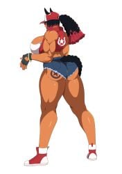 ass_exposed bestiality_tattoo big_ass big_breasts black_hair brown_skin cheerful_bliss_(artist) fingerless_gloves from_behind gloves hat horse_girl horseshoe horseshoe_tattoo mudsdale short_shorts shorts tail tattoo terracotta_(beefmaster) terry_bogard_(cosplay) two_tone_hair