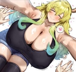 1girls armpits ass beach big_ass big_breasts big_thighs bikini blush breasts butt closed_eyes clothed clothed_female clothing colored_hair dragon_girl dragon_horns female female_focus female_only gigantic_ass gigantic_breasts gigantic_thighs horn horns huge_ass huge_breasts huge_thighs kobayashi-san_chi_no_maidragon long_hair lucoa miss_kobayashi's_dragon_maid multicolored_hair peterh_lewd quetzalcoatl_(dragon_maid) sweat sweatdrop sweating tagme thick_hips thick_thighs thighs