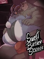 anthro bear belly ben_bigger brown_body brown_fur bulge clothing duo english_text facial_hair facial_scar fur grey_body grey_fur hi_res lagomorph leporid male male/male mammal mihoyo missing_eye moobs moustache navel nipples on_lap overweight rabbit scar size_difference text thong underwear uniparasite zenless_zone_zero