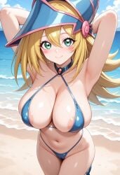 1girls ai_generated areolae areolae_slip armpits arms arms_behind_head arms_up bare_shoulders beach belly bikini blonde_hair blue_bikini blue_hat blue_shoes blue_sky blush blush_stickers breasts brooch cameltoe cleavage collared_bikini dark_magician_girl dark_type day eyebrows eyelashes female female_focus gold gold_brooch green_eyes hat highres huge_breasts konami legs light-skinned_female light_skin lips long_arms long_eyelashes long_hair long_legs luka45 magic_user magical_girl magician magician_hat monster_girl navel nose ocean one_arm_behind_head pink_brooch pink_lips pose rose_gold sand shiny shiny_bikini shiny_breasts shiny_clothes shiny_hair shiny_skin shiny_thighs shoes shonen_jump sideboob sky smile spellcaster spellcaster_type sweat thick_eyelashes thick_thighs thighs underboob very_long_hair water wet wide_hips witch witch_hat yu-gi-oh! yu-gi-oh!_duel_monsters