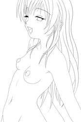 1girls areolae armpit bare_shoulders breasts chisato female half-closed_eyes long_hair monochrome navel nipples nude open_mouth small_breasts smile solo wink