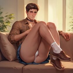 ai_generated ankle_socks ass big_ass big_butt black_choker blue_skirt blush boy brown_hair brown_shoes bubble_ass bubble_butt bulge bulge_through_clothing button_down_shirt choker closed_mouth collared_shirt couch full_body hazel_eyes indoors looking_at_viewer male male_only miniskirt panties panty_bulge pantyshot plaid_shirt plant pleated_skirt plump_ass round_ass round_butt shoes sitting skirt socks solo tallcallipygian tcallipygian thick_thighs thighs underwear white_panties white_socks