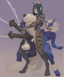 2_penises animal_genitalia animal_penis anthro balls bent_over big_breasts big_flare big_penis blue_body blue_fur breasts collar diphallia diphallism dominant dominant_gynomorph dominant_intersex duo ejaculation equine_genitalia equine_penis felid flared_penis fur futanari genitals grey_body grey_fur gynomorph gynomorph/gynomorph gynomorph_on_anthro hi_res huge_cock intersex intersex/intersex intersex_on_anthro leash leashed_collar mammal multi_genitalia multi_penis nipples pantherine penis purple_background saggy_balls santafire simple_background standing tiger
