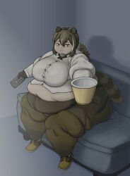 animal_ears arknights belly_rolls big_belly black_skirt double_chin fat fat_female fat_fetish fat_rolls flabby_legs legwear obese obese_female overweight overweight_female o♢p raccoon_girl raccoon_tail robin_(arknights) wardrobe_malfunction white_shirt