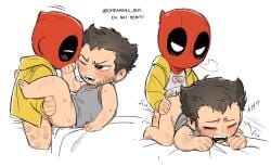 2boys arm_hair ass beard big_head blush bottomless brown_hair chibi closed_eyes couple deadpool deadpool_&_wolverine deadpool_(series) doggy_style dreaming_oor facial_hair highres male male_focus marvel marvel_cinematic_universe mask motion_lines multiple_boys no_visible_genitalia one_eye_closed open_mouth red_mask scar scars_all_over sex shirt short_hair sweat tank_top teeth toony wolverine_(x-men) x-men yaoi