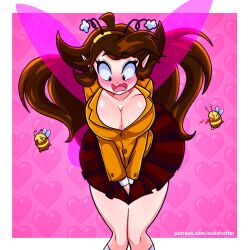 bee bee_girl big_breasts breasts brown_hair dress_lift embarrassed female holding_down_dress nosebleed susie_(susiehatter) susiehatter voluptuous_female