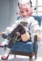 1girl ai_generated armchair asymmetrical_legwear bangs black_footwear black_legwear black_shorts black_thighhighs blush boots bow bracelet breasts chair clothing coat crossed_legs curtains drill_hair female flipped_hair footwear fur_coat fur_jacket game_freak hair_bow hair_ornament hairband headwear high_heels holding indoors jacket jewelry jousneystudio klara_(pokemon) large_breasts legwear long_sleeves looking_at_viewer makeup medium_hair mismatched_legwear mole mole_under_mouth nail_polish off_shoulder parted_lips pink_eyeshadow pink_footwear pink_hair pokemon pokemon_(game) pokemon_ss pokemon_sword_&_shield print_shirt print_shorts purple_eyes shirt shoes short_hair short_shorts shorts sitting smile solo sweater thighhighs thighs twin_drills watch white_bow white_hairband white_shirt window wristwatch