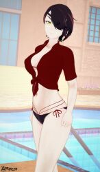 1girls amber_eyes arrancon black_hair black_hair_female cinder_fall cleavage eye_patch pool rwby solo_female tied_shirt