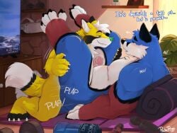 absurd_res anal anal_sex anthro anthro_on_anthro anthro_penetrated anthro_penetrating anthro_penetrating_anthro blue_body blue_fur canid canine claws detailed_background dipstick_tail duo electronics erection fluffy fluffy_tail fox fur genitals green_nose hi_res humanoid_genitalia humanoid_penis lube_bottle male male/male male_penetrated male_penetrating male_penetrating_male mammal markings mile overweight overweight_anthro overweight_male pache_riggs penetration penile penile_penetration penis penis_in_ass reclining sex tail tail_markings television toe_claws yellow_body yellow_fur yoga_mat