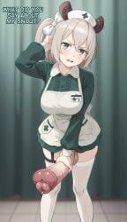 animal_ears animal_penis apron apron_pocket blush breasts collared_shirt contrast_collar dress english_text erection feet_out_of_frame female futanari green_dress green_eyes grey_hair hat highres horse_penis huge_breasts indie_virtual_youtuber intersex large_breasts leaning_forward long_sleeves looking_at_viewer microdress name_tag nimi_nightmare nurse nurse_cap open_mouth penis precum rounded_collar shirt shirt_under_dress solo standing tapir_ears tapir_girl thighhighs white_apron white_thighhighs zoryc