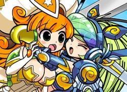2girls big_breasts embarrassed green_hair hat hug huge_breasts jewelry kai_(battle_cats) long_hair orange_hair ponytail smile the_battle_cats windy_(battle_cats)