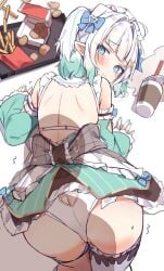 ahoge ass backshot bangs blue_eyes blue_hair blunt_bangs blush breasts eyebrows_visible_through_hair facing_back female food_on_floor hair_ornament looking_at_viewer medium_breasts mint_fantome multicolored_hair orobou pointy_ears shaking short_hair simple_background solo sweat tears two-tone_hair virtual_youtuber vtuber white_background white_hair