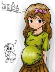 1girls blue_eyes brown_hair brown_skirt clothes female gerand green_shirt pregnant pregnant_female question_mark ribbon sketch_lines solo world_of_tanks younger_female