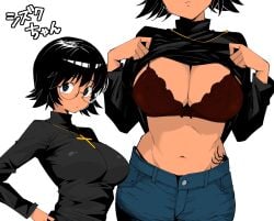 anime anime_girl anime_style big_ass big_breasts big_butt black_bra black_hair black_shirt black_sweater black_tattoo blue_eyes blue_jeans bra breasts cleavage clothes_lift clothes_pull clothes_up color colored commentary_request cross cross_necklace denim female glasses greyscale henyaan_(oreizm) highres hunter_x_hunter jeans jeans_down jewelry large_breasts lifting_own_clothes lifting_shirt lingerie lingerie_bra long_sleeves looking_at_viewer manga manga_style monochrome navel necklace phantom_troupe pulling_up_shirt red_bra round_eyewear shirt_lift shizuku_murasaki short_hair showing_breasts showing_off simple_background spider_tattoo stomach sweat sweater sweater_lift tattoo tattoo_on_belly turtleneck turtleneck_sweater underwear white_background white_skin white_woman