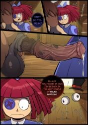 1girls balls caine_(the_amazing_digital_circus) comic dialogue female horse horsecock huge_balls huge_cock imminent_rape imminent_sex imminent_zoophilia lordfink penis ragatha_(the_amazing_digital_circus) red_hair text the_amazing_digital_circus